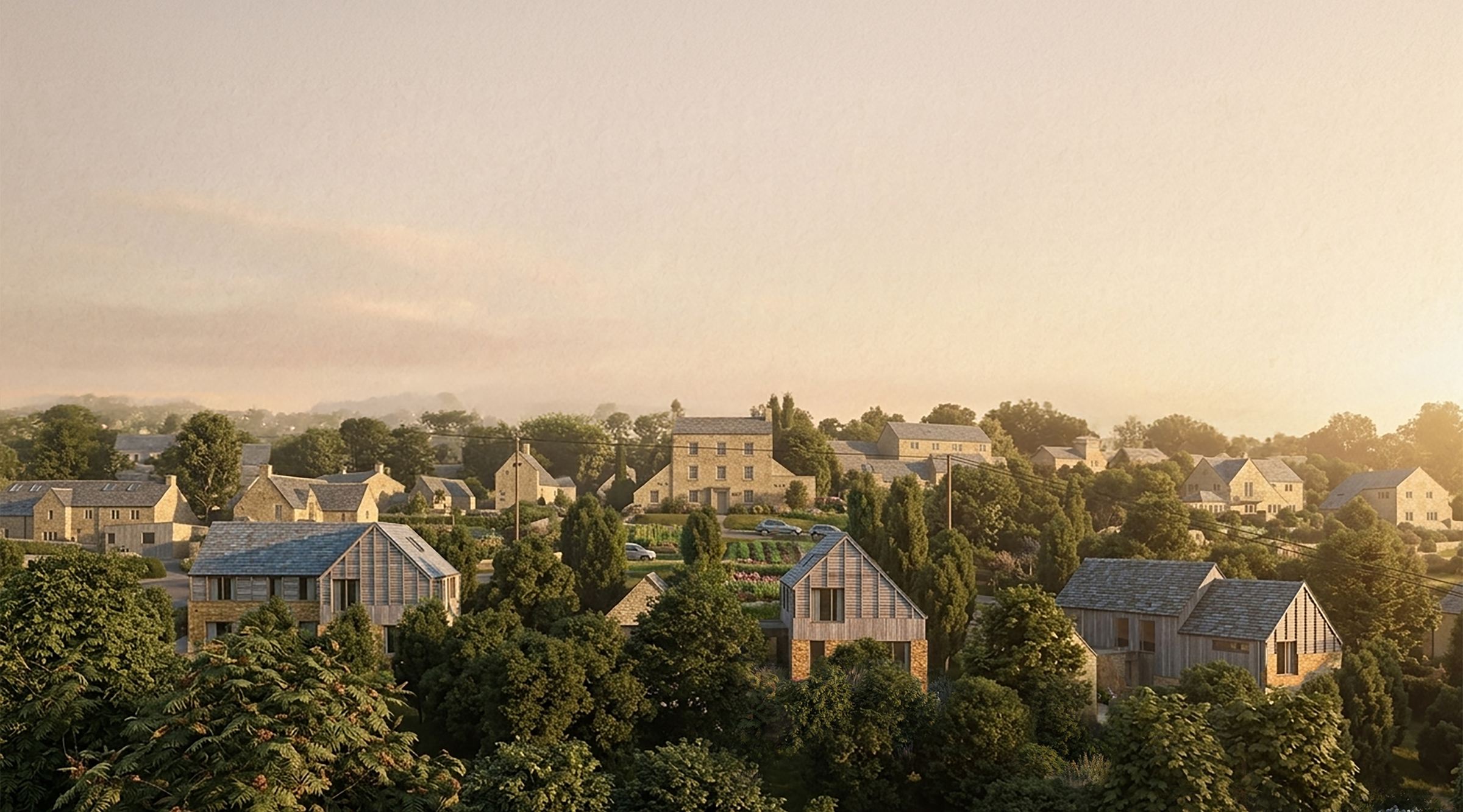 Windsor Edge visual at dawn, three timber and stone self-build homes among trees below the Nailsworth hillside